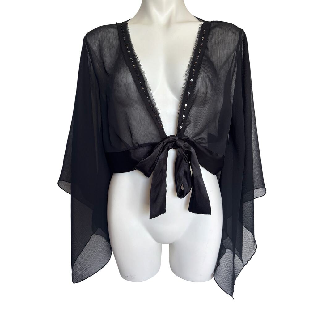 Whimsigoth Witchy Sheer Cropped Kimono Cardigan Bell Sleeves Embellished Vampy